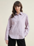 Beatnik Women Pink Oversized Poplin Striped Cuffed Sleeve Western Formal Shirt