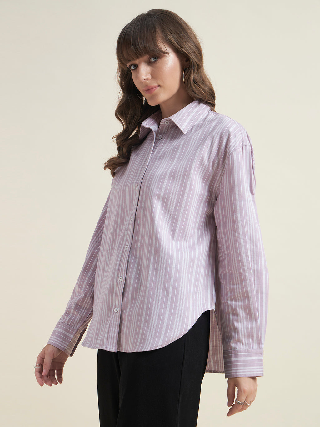 Beatnik Women Pink Oversized Poplin Striped Cuffed Sleeve Western Formal Shirt