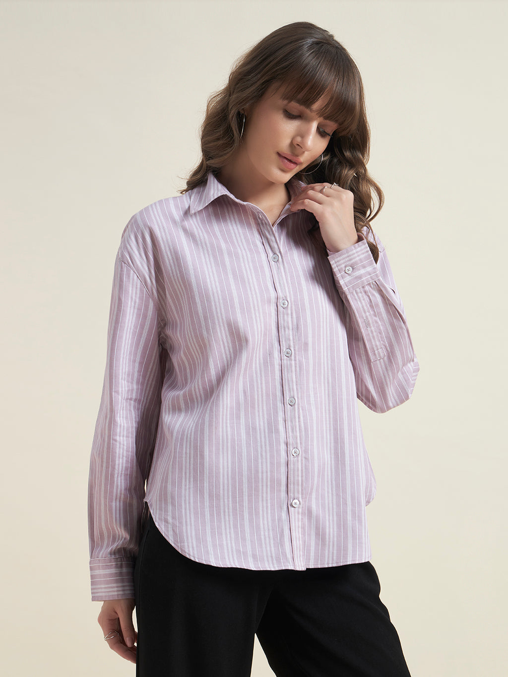 Beatnik Women Pink Oversized Poplin Striped Cuffed Sleeve Western Formal Shirt