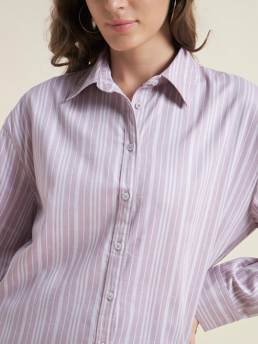 Beatnik Women Pink Oversized Poplin Striped Cuffed Sleeve Western Formal Shirt