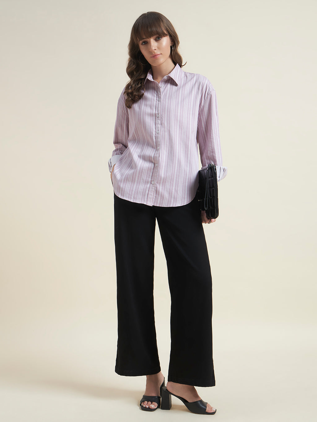 Beatnik Women Pink Oversized Poplin Striped Cuffed Sleeve Western Formal Shirt