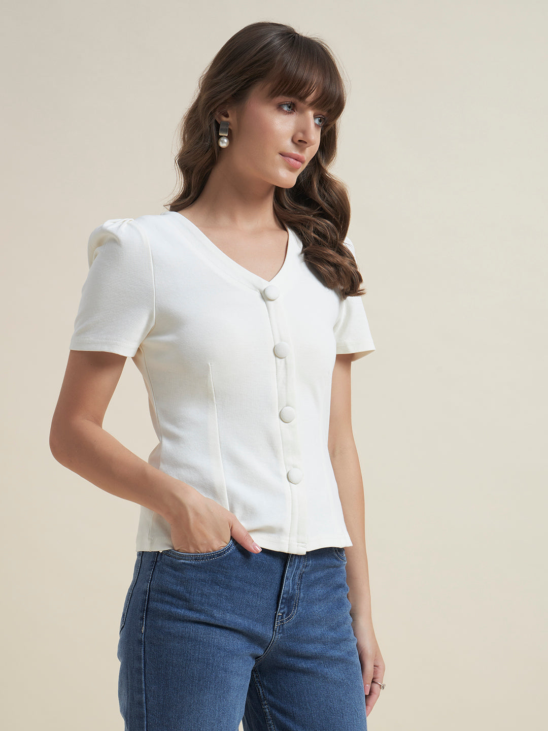Beatnik Off White Shirt Style Top for Women