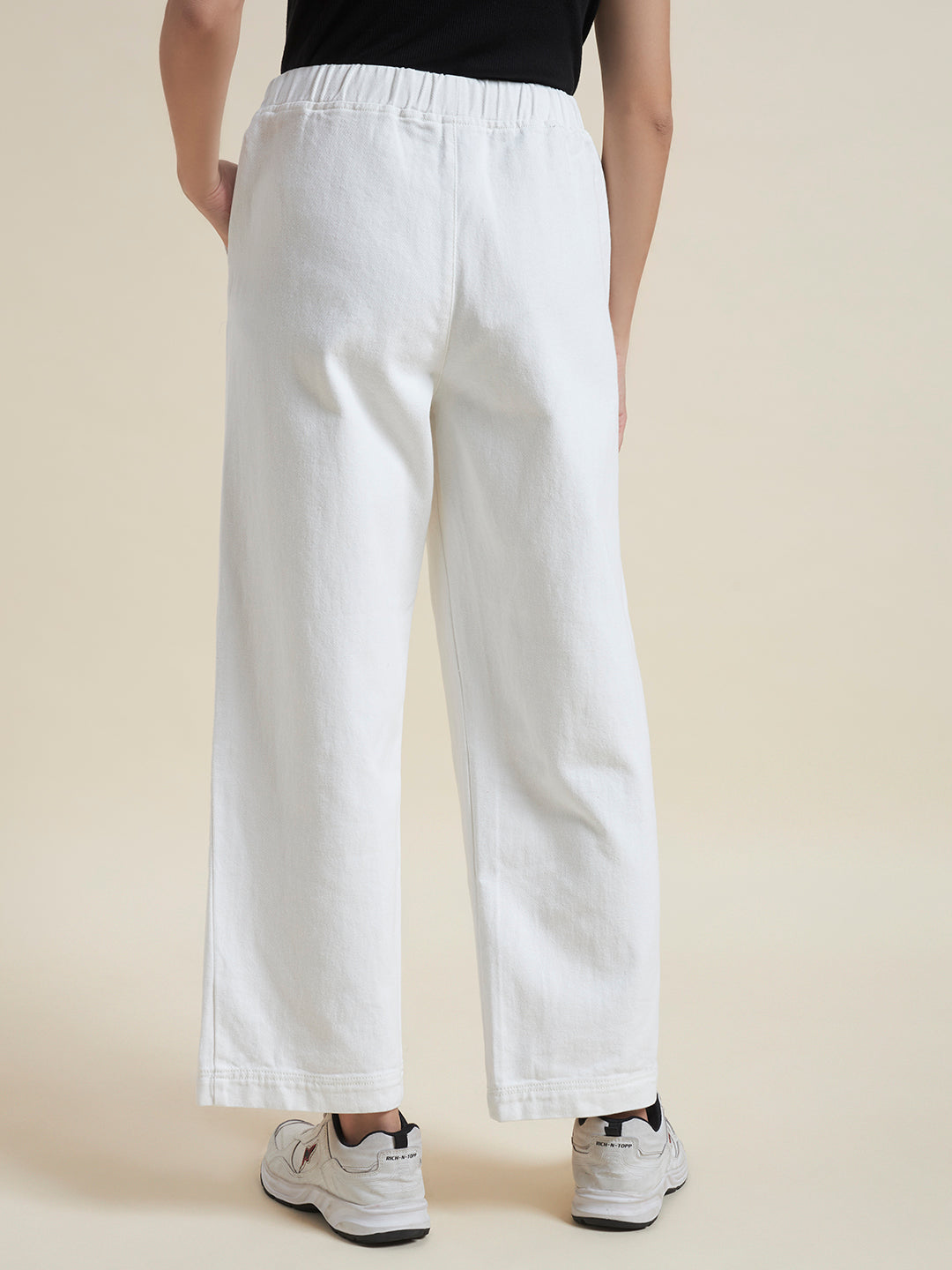 Beatnik Womens White Relaxed Fit Solid Denim Trouser