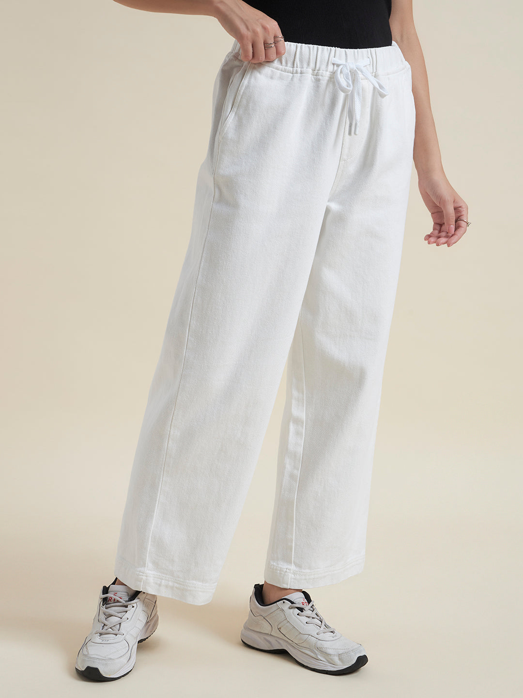 Beatnik Womens White Relaxed Fit Solid Denim Trouser