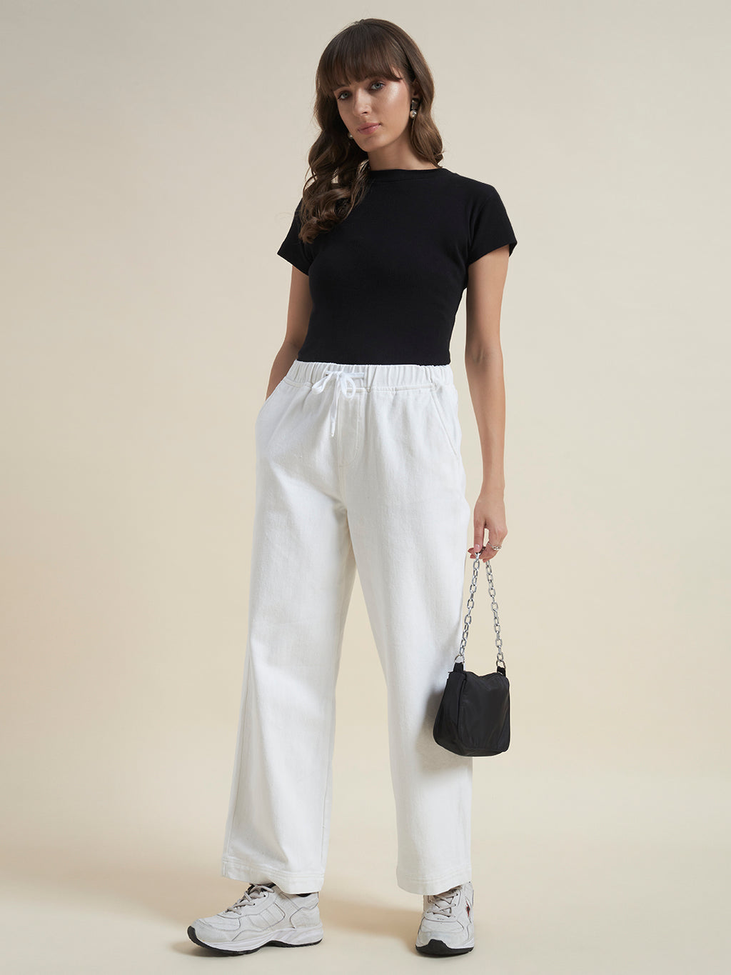 Beatnik Womens White Relaxed Fit Solid Denim Trouser
