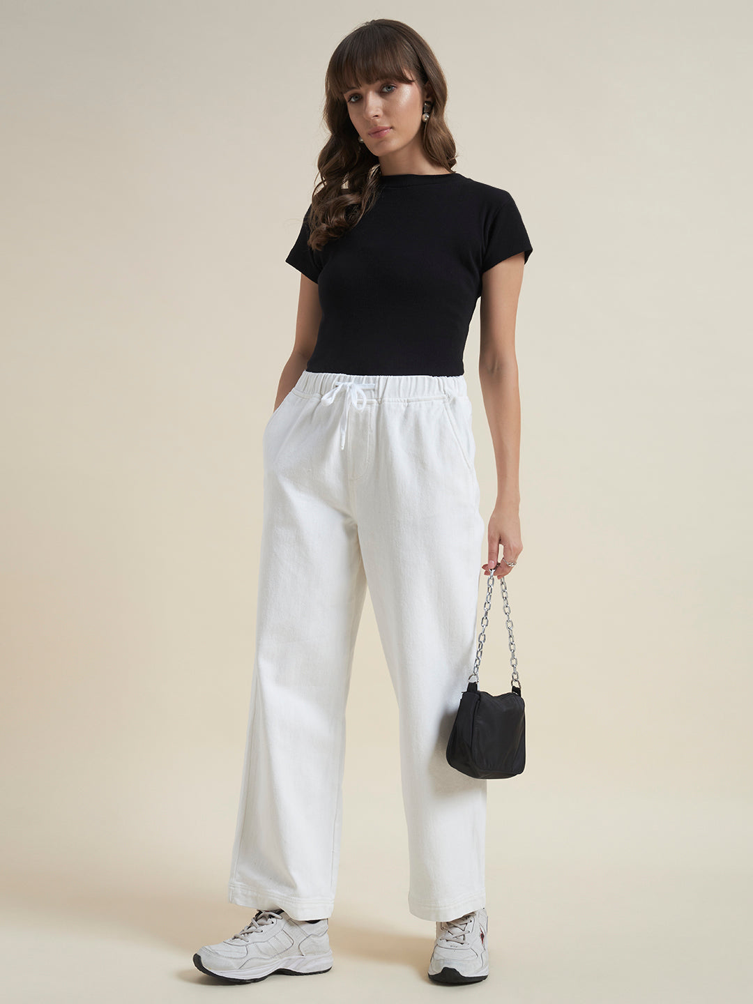Beatnik Womens White Relaxed Fit Solid Denim Trouser