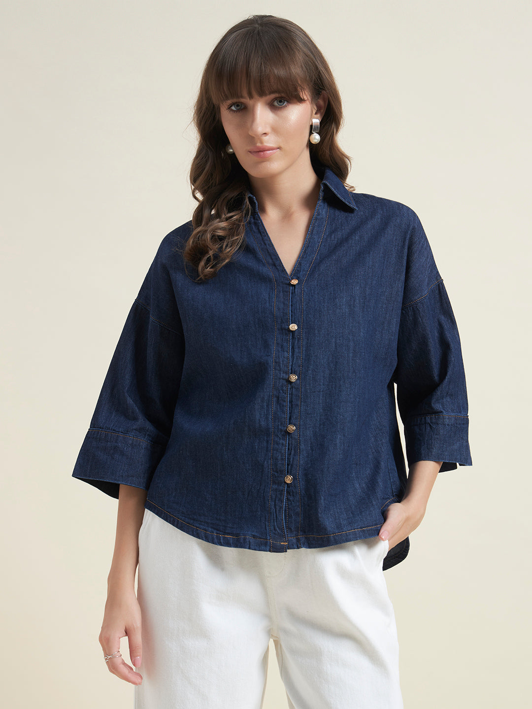 Beatnik Womens Oversized Solid Western Denim Shirt