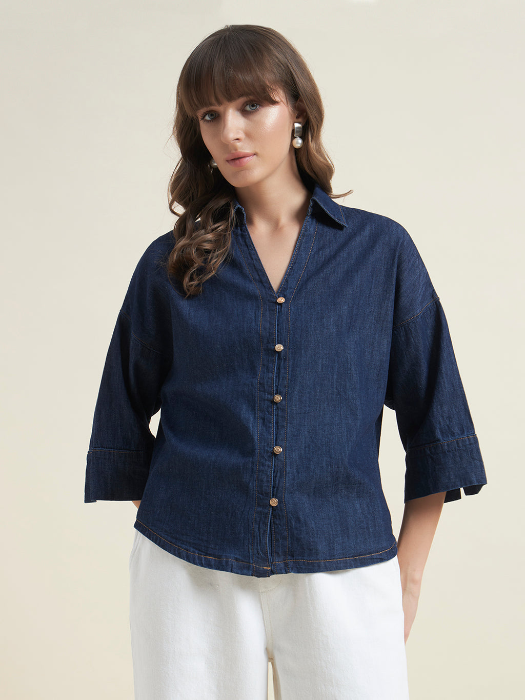 Beatnik Womens Oversized Solid Western Denim Shirt