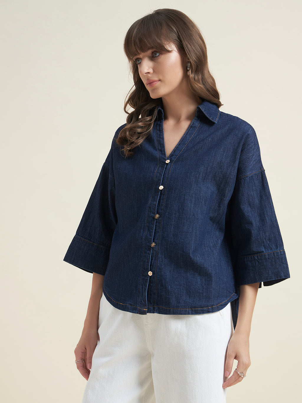 Beatnik Womens Oversized Solid Western Denim Shirt