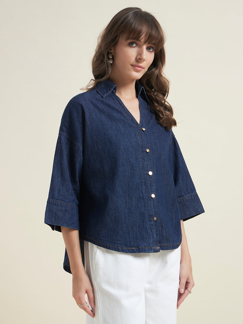 Beatnik Womens Oversized Solid Western Denim Shirt