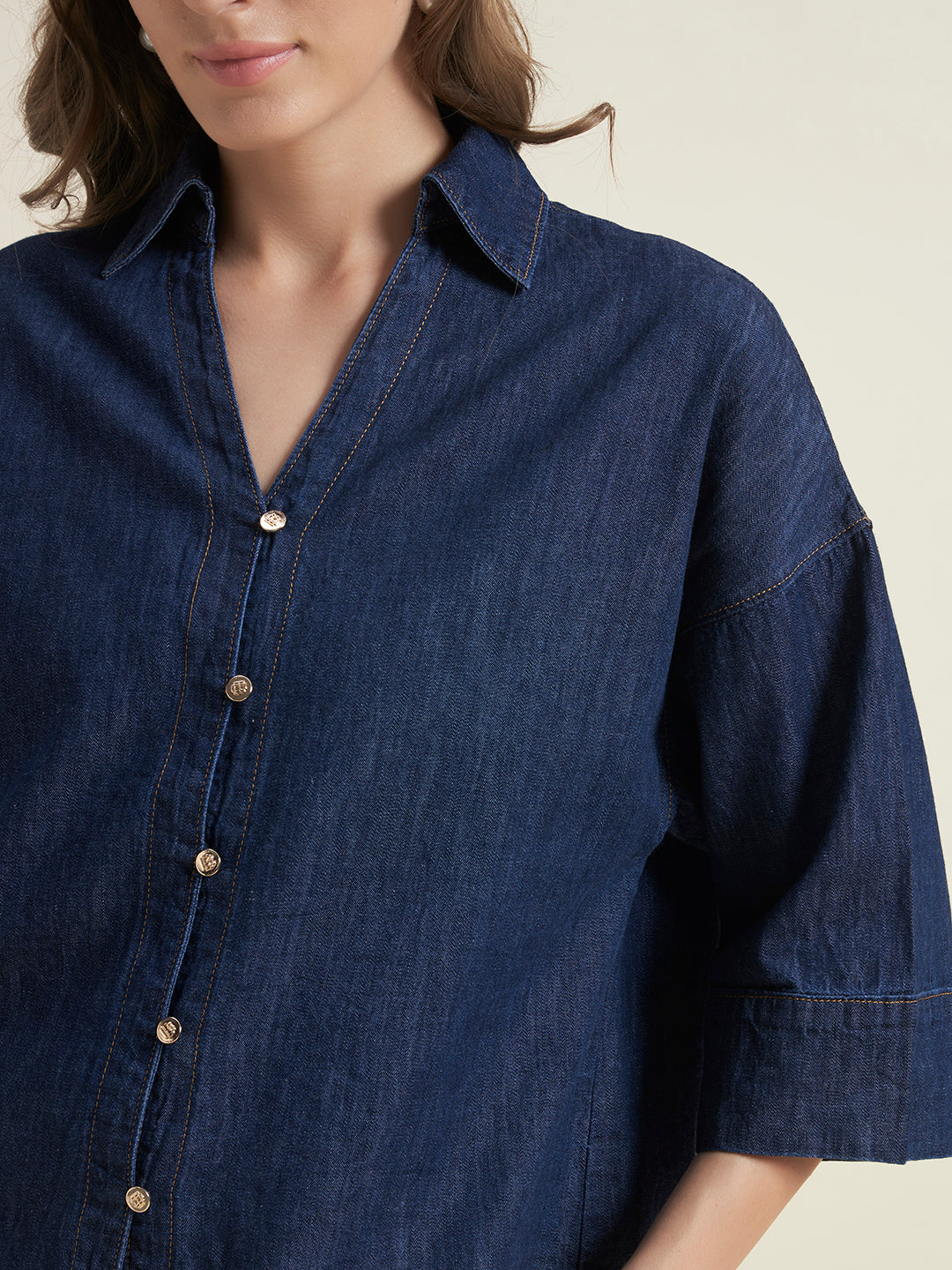 Beatnik Womens Oversized Solid Western Denim Shirt