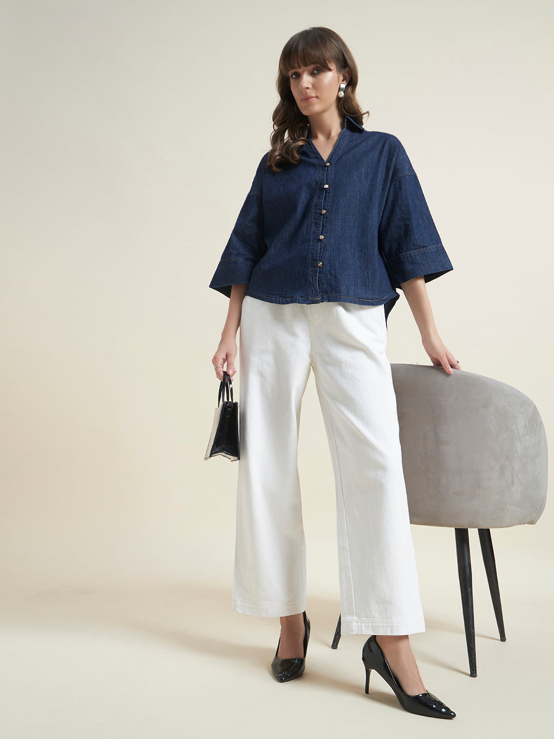 Beatnik Womens Oversized Solid Western Denim Shirt
