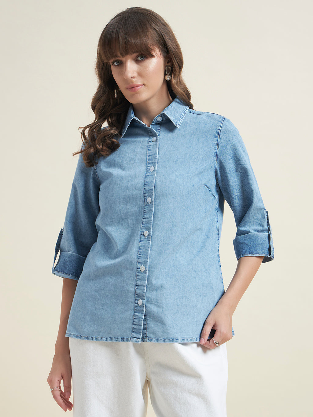 Beatnik Womens Regular Solid Denim Formal Shirt