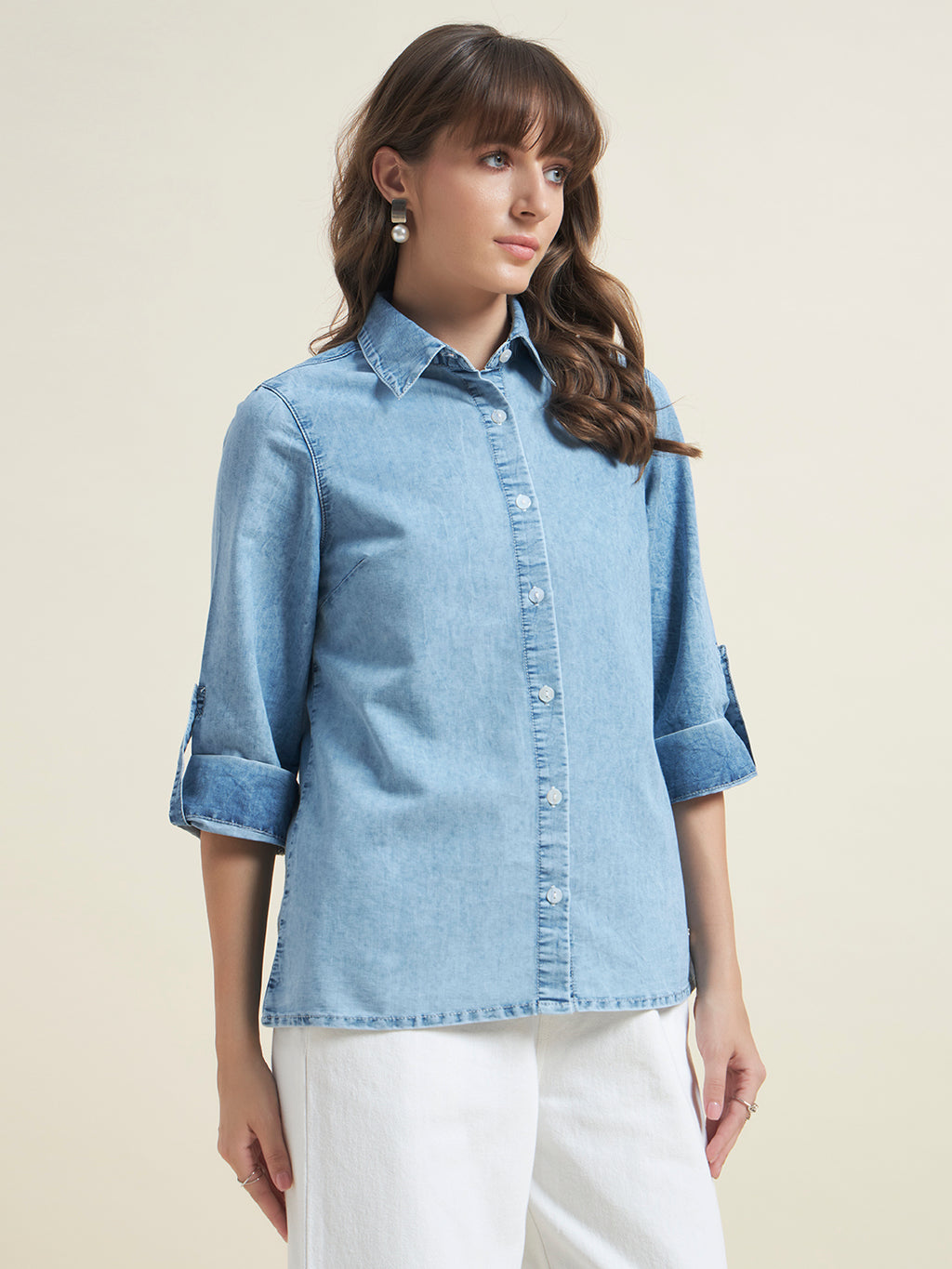 Beatnik Womens Regular Solid Denim Formal Shirt