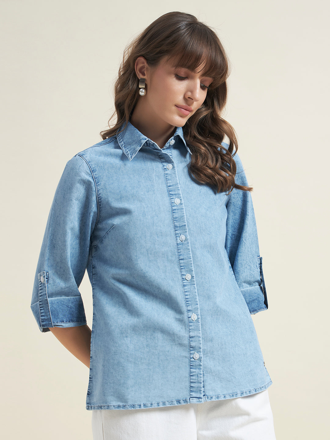 Beatnik Womens Regular Solid Denim Formal Shirt