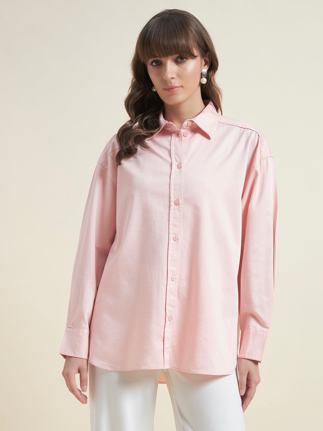 Beatnik Women Pink Oversized Poplin Full Sleeve Office Wear Formal Shirt