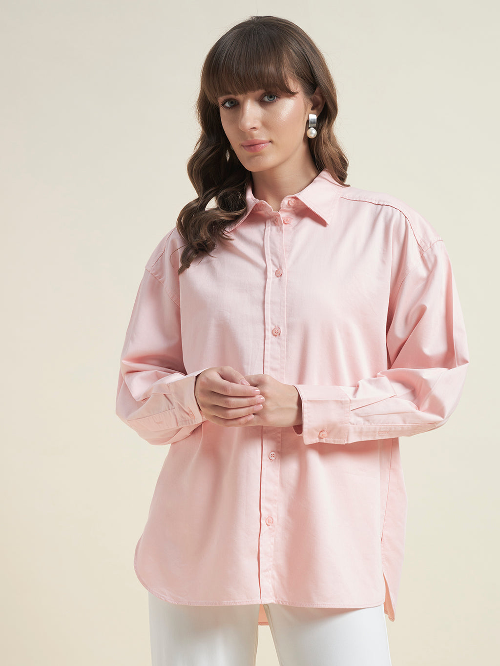 Beatnik Women Pink Oversized Poplin Full Sleeve Office Wear Formal Shirt