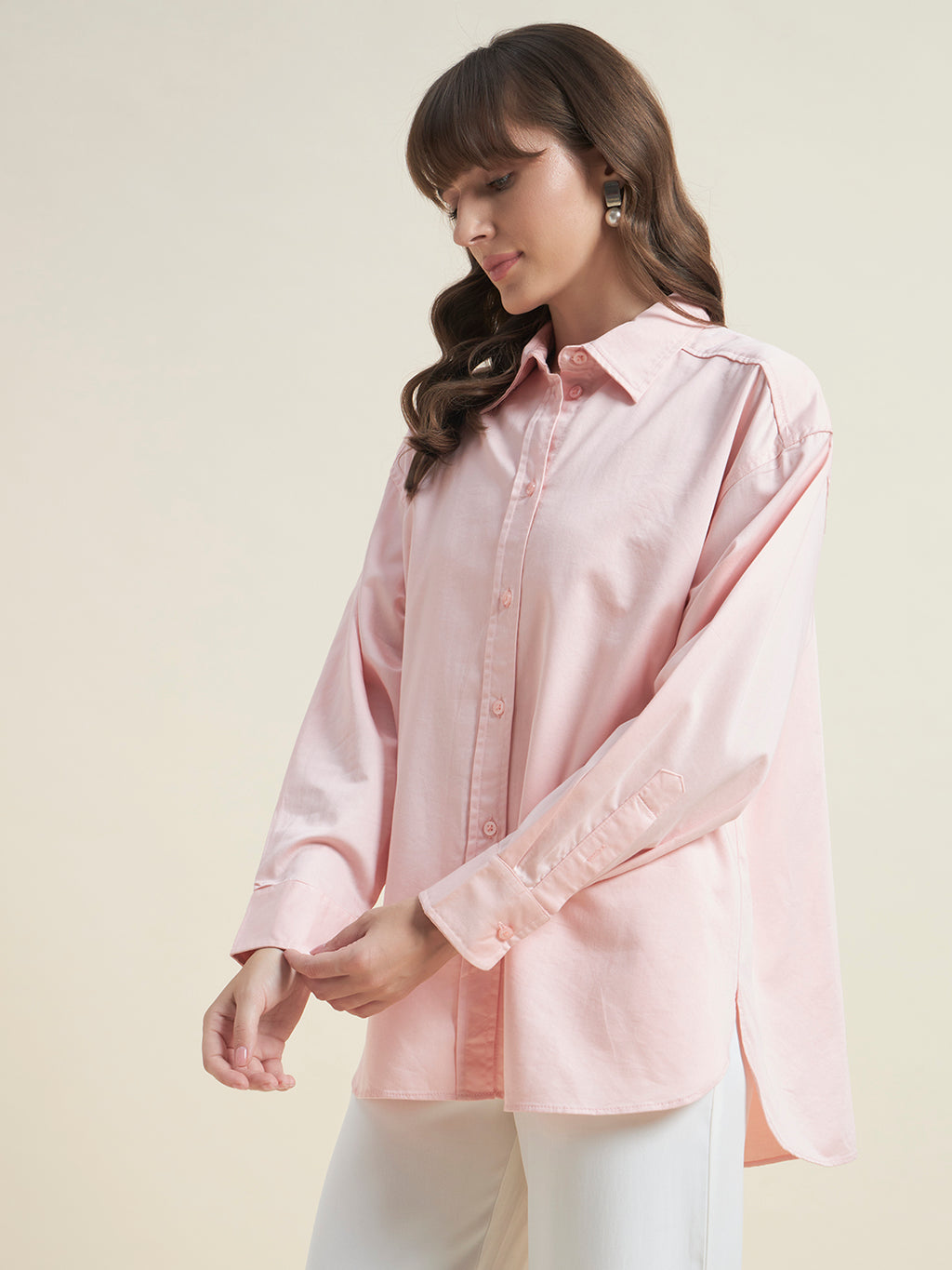 Beatnik Women Pink Oversized Poplin Full Sleeve Office Wear Formal Shirt