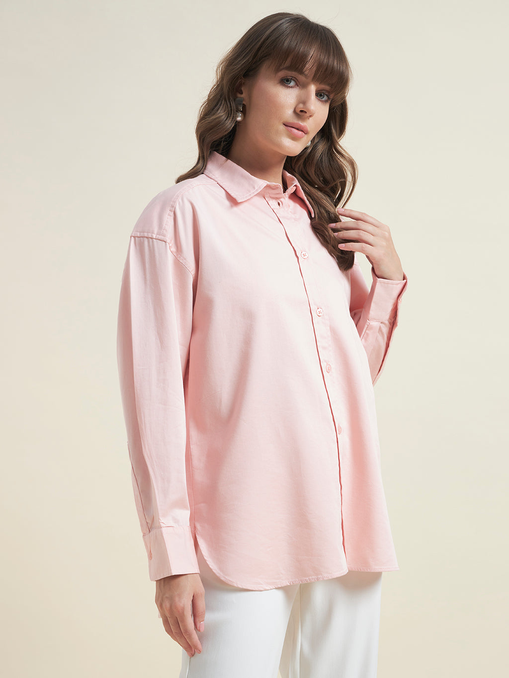 Beatnik Women Pink Oversized Poplin Full Sleeve Office Wear Formal Shirt