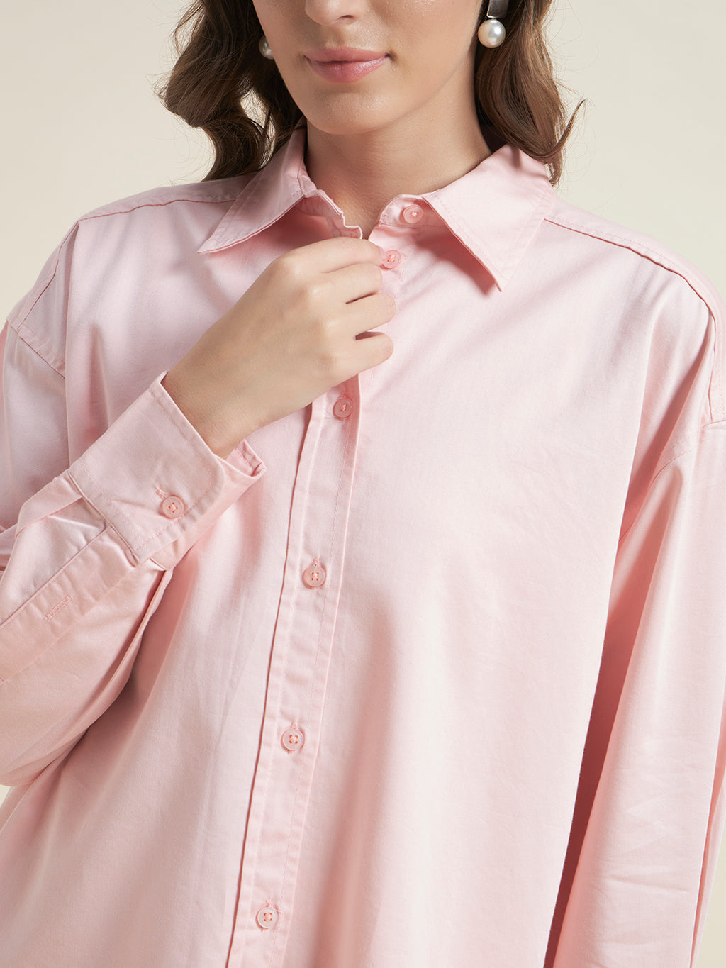 Beatnik Women Pink Oversized Poplin Full Sleeve Office Wear Formal Shirt