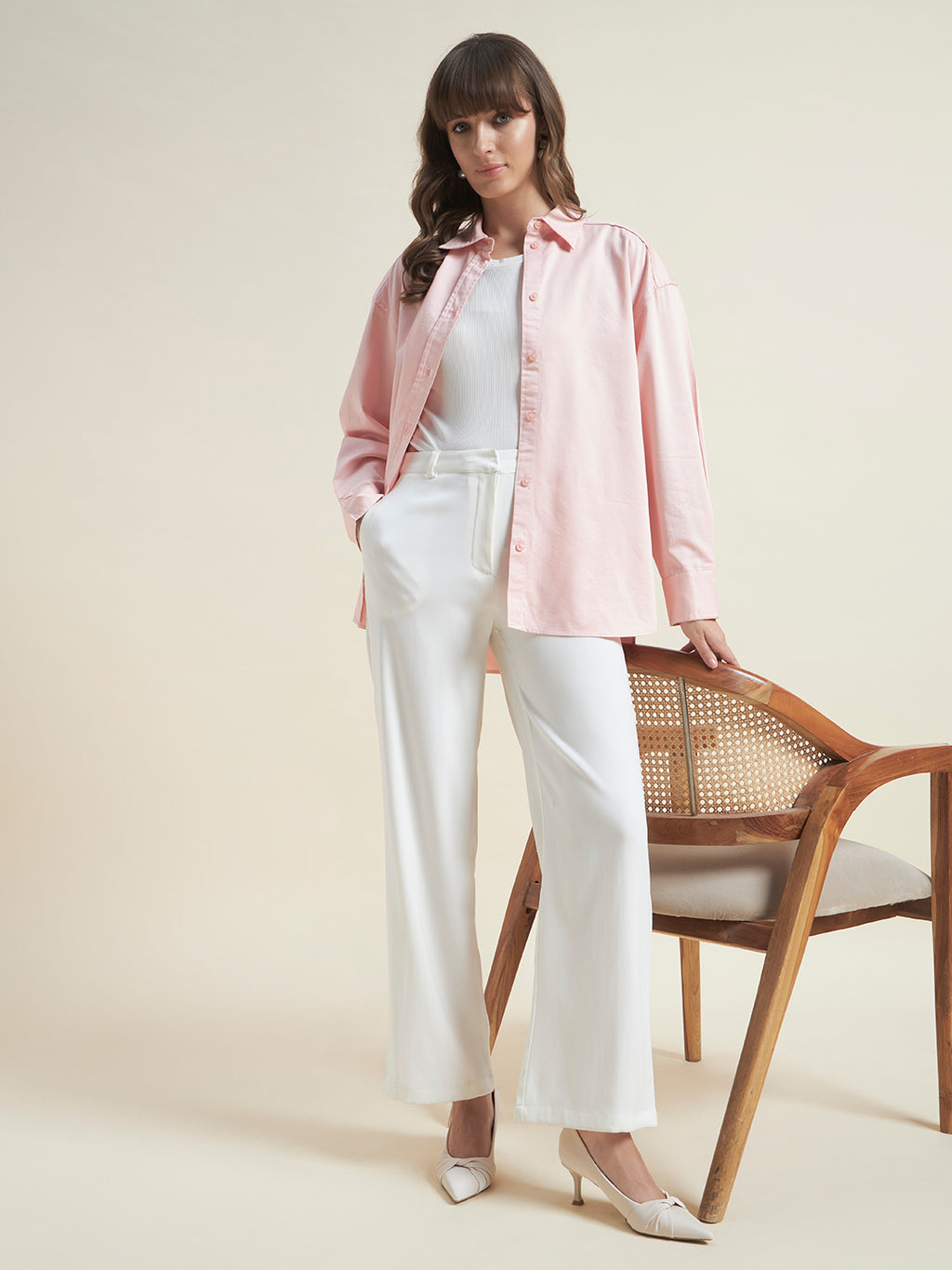 Beatnik Women Pink Oversized Poplin Full Sleeve Office Wear Formal Shirt
