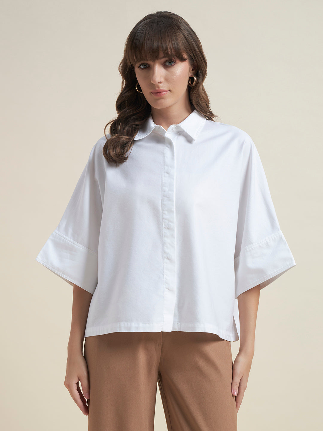 Beatnik Women White Oversized Tencel 3/4 Flared Sleeve Casual Western Shirt