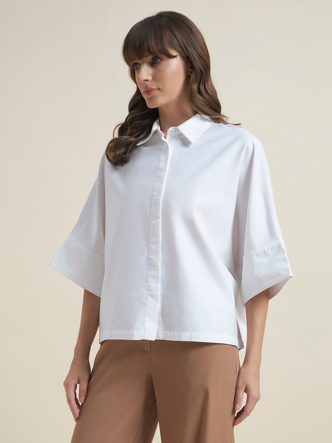 Beatnik Women White Oversized Tencel 3/4 Flared Sleeve Casual Western Shirt