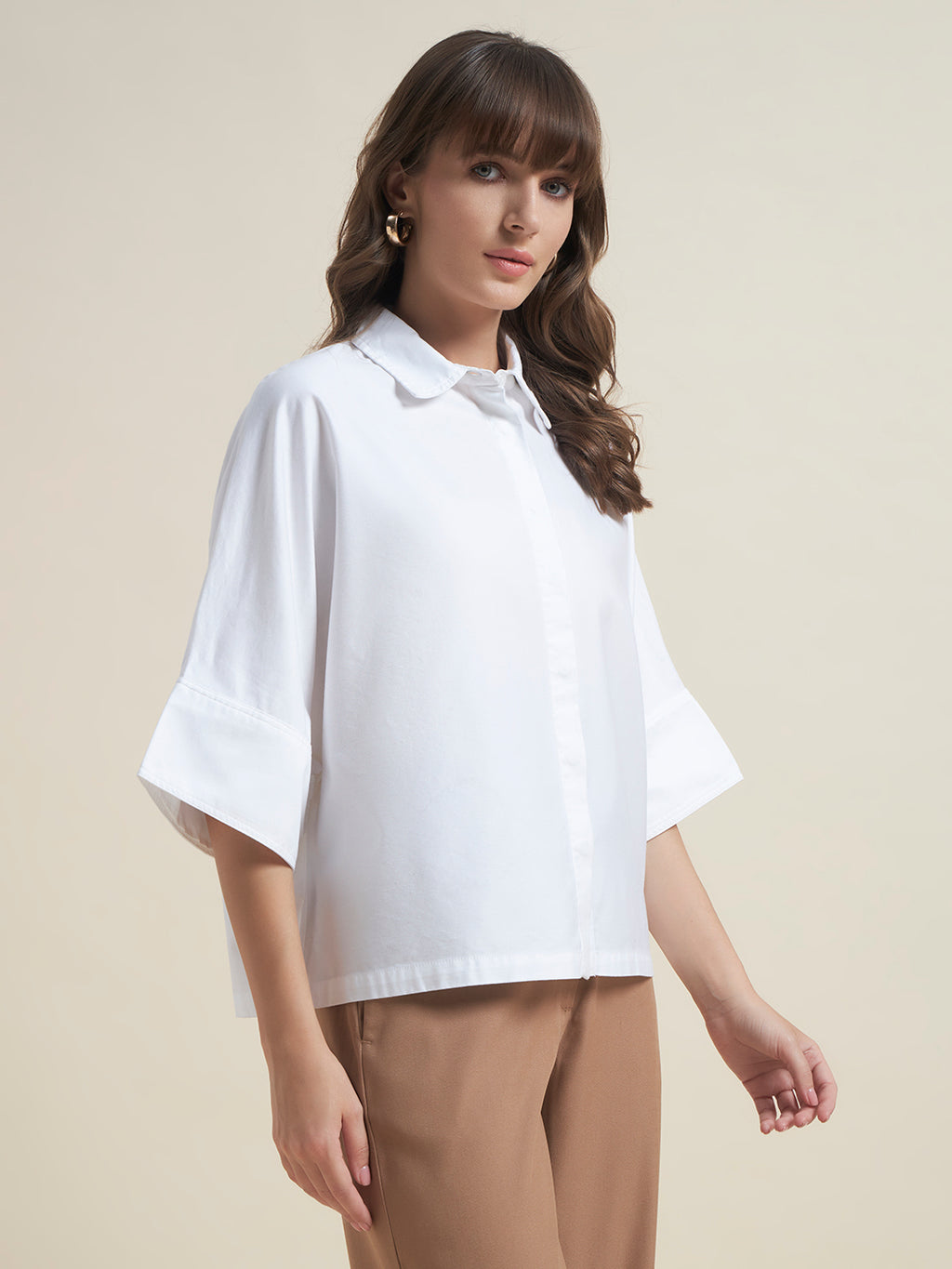 Beatnik Women White Oversized Tencel 3/4 Flared Sleeve Casual Western Shirt