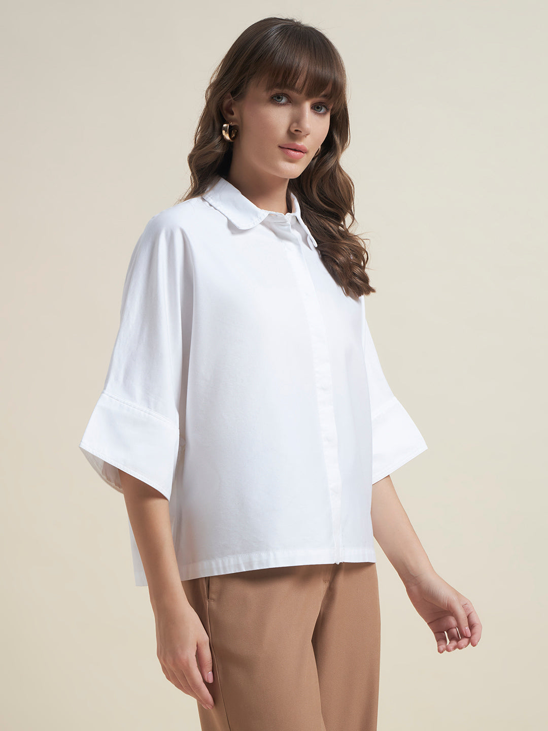 Beatnik Women White Oversized Tencel 3/4 Flared Sleeve Casual Western Shirt