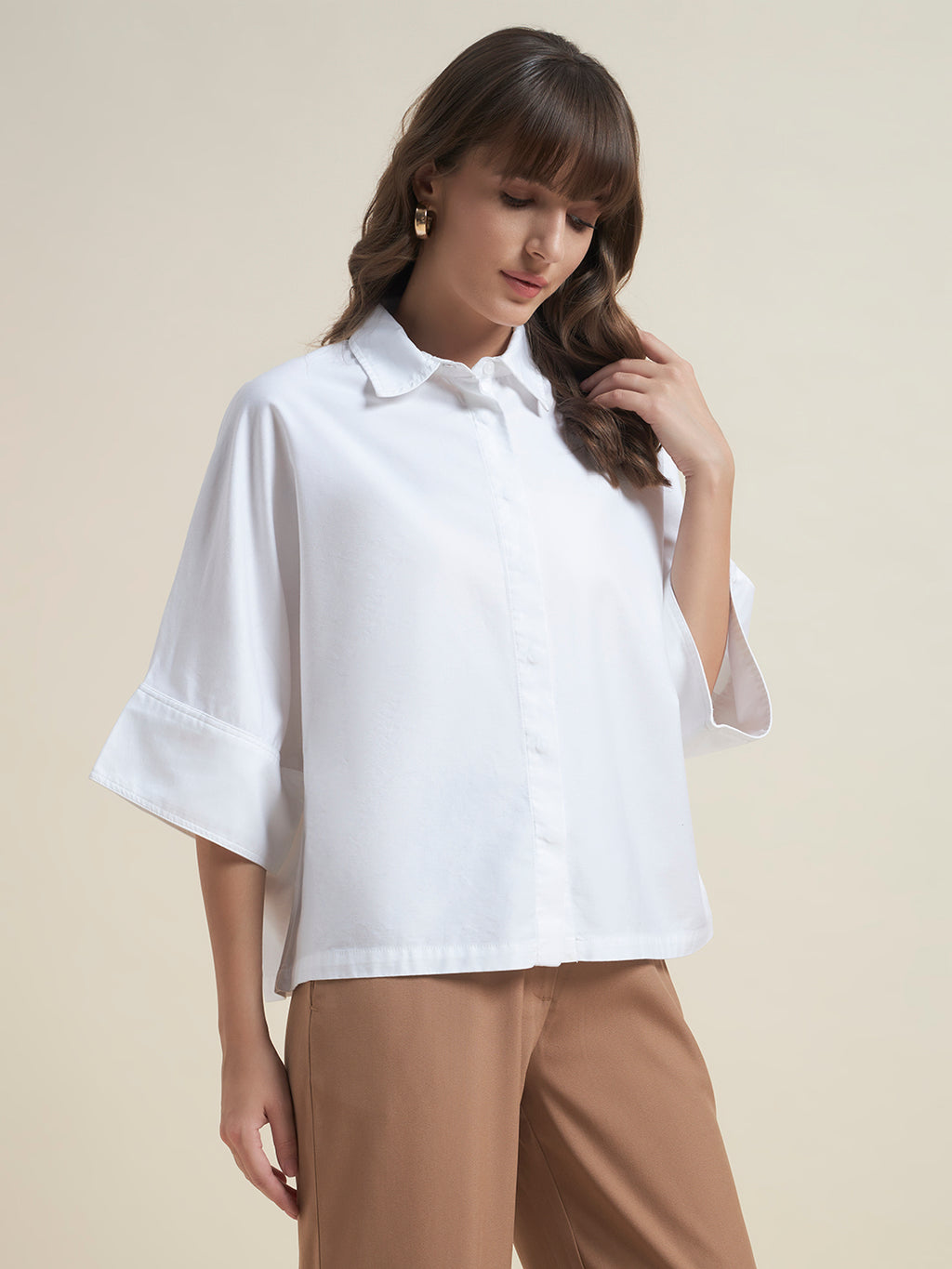 Beatnik Women White Oversized Tencel 3/4 Flared Sleeve Casual Western Shirt