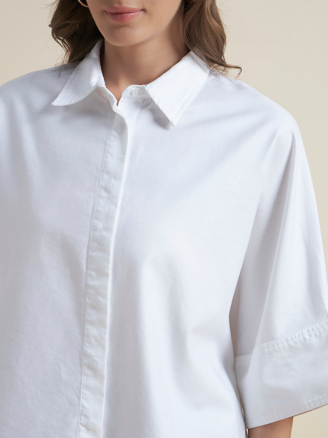 Beatnik Women White Oversized Tencel 3/4 Flared Sleeve Casual Western Shirt