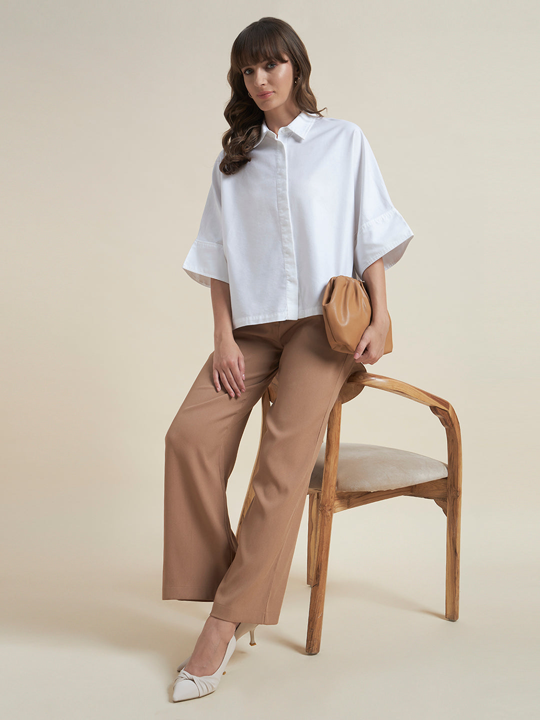 Beatnik Women White Oversized Tencel 3/4 Flared Sleeve Casual Western Shirt