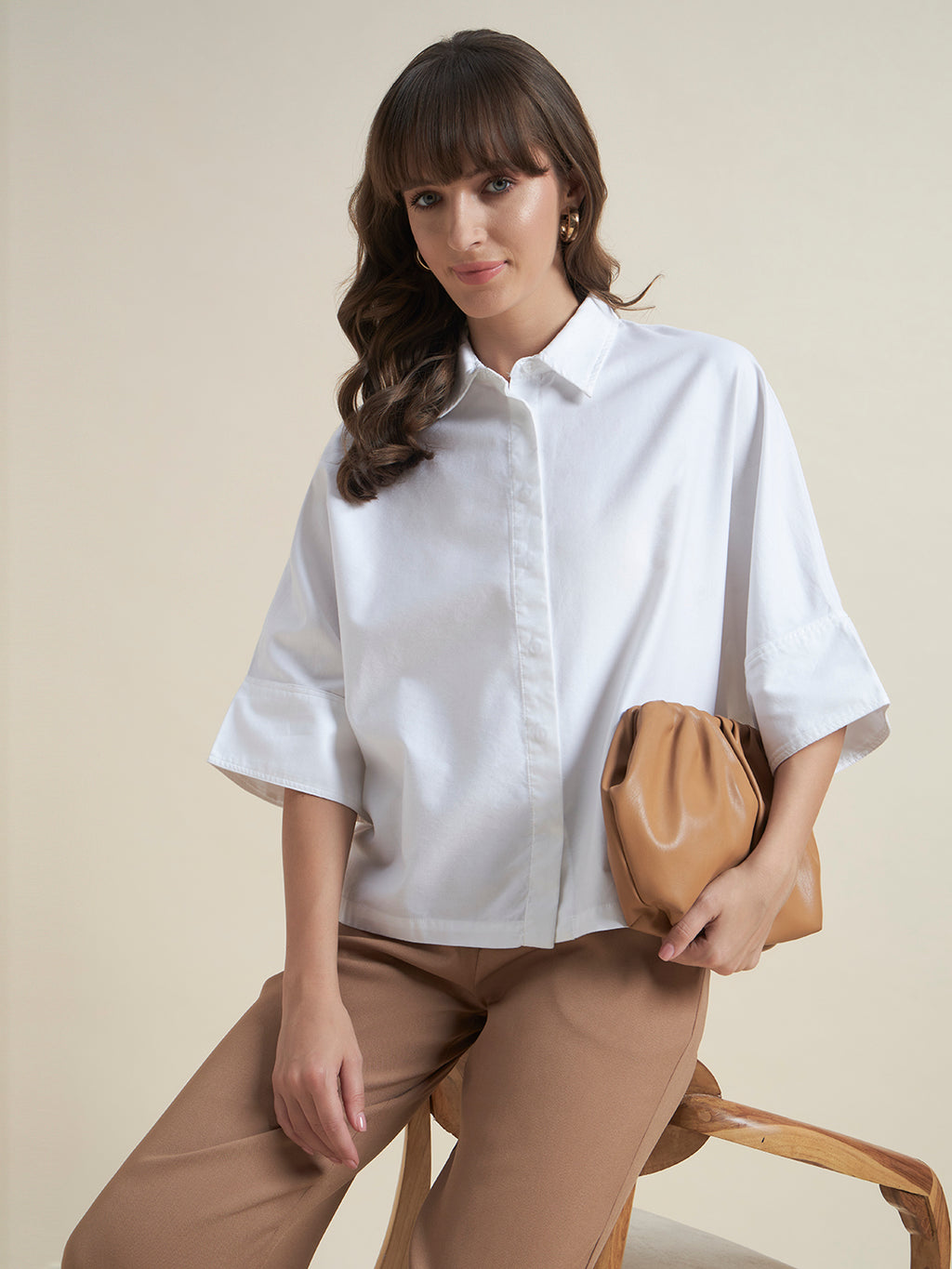 Beatnik Women White Oversized Tencel 3/4 Flared Sleeve Casual Western Shirt