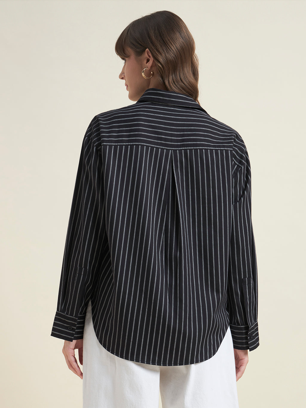 Beatnik Women Black Tencel Striped Full Sleeve Casual Straight Fit Western Shirt