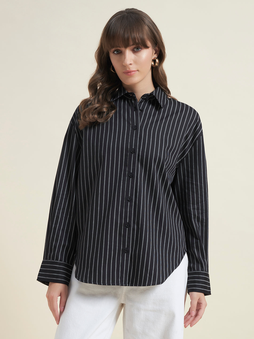 Beatnik Women Black Tencel Striped Full Sleeve Casual Straight Fit Western Shirt