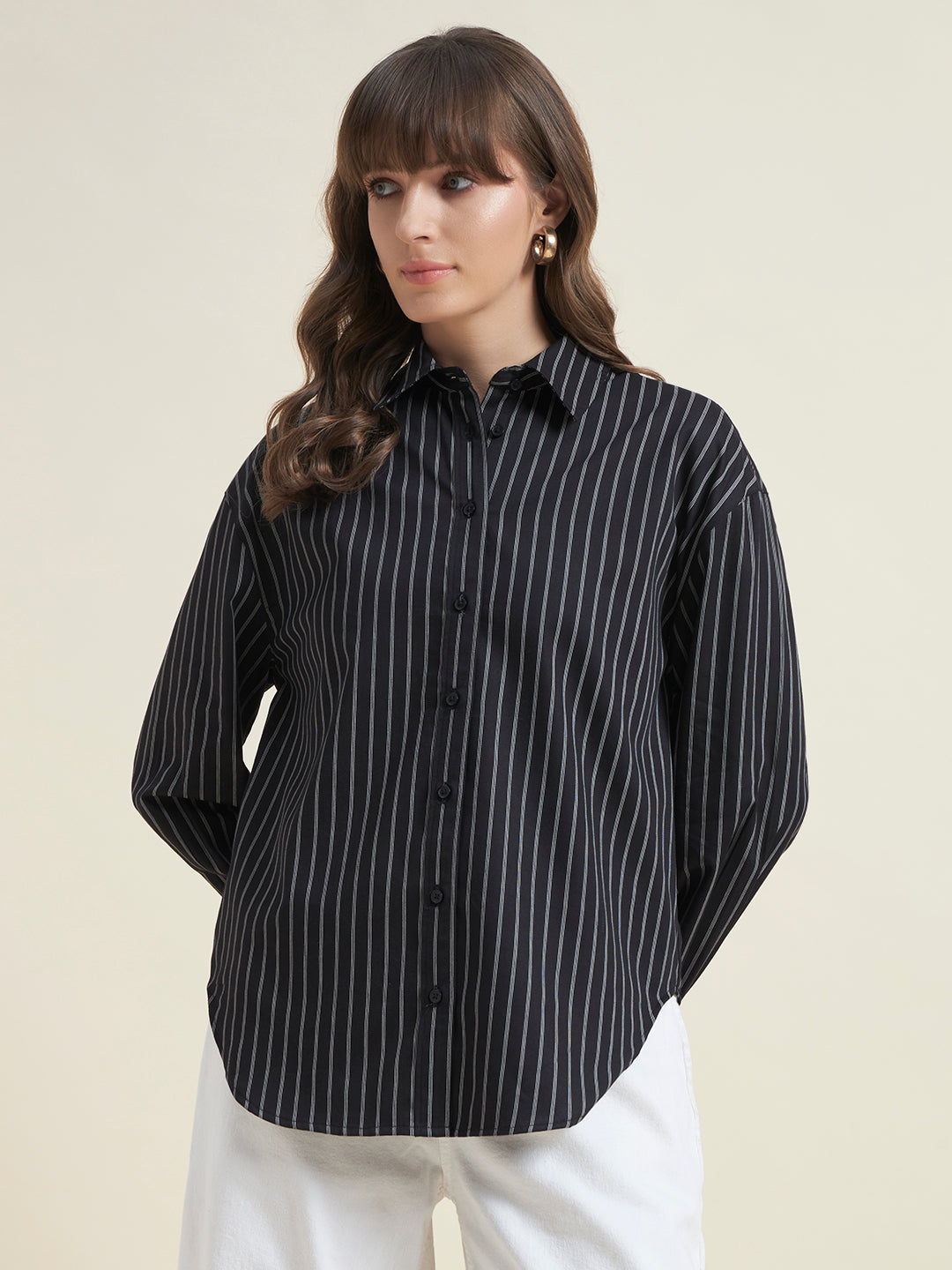 Beatnik Women Black Tencel Striped Full Sleeve Casual Straight Fit Western Shirt