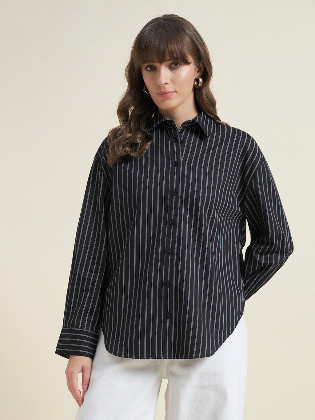 Beatnik Women Black Tencel Striped Full Sleeve Casual Straight Fit Western Shirt