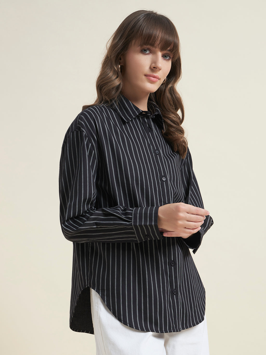 Beatnik Women Black Tencel Striped Full Sleeve Casual Straight Fit Western Shirt