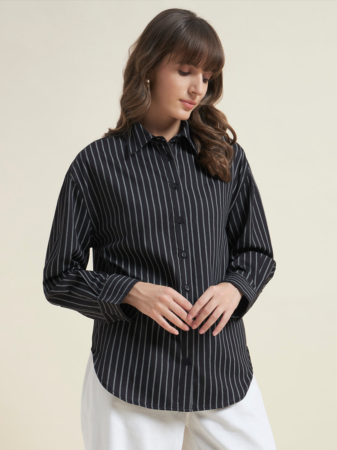 Beatnik Women Black Tencel Striped Full Sleeve Casual Straight Fit Western Shirt