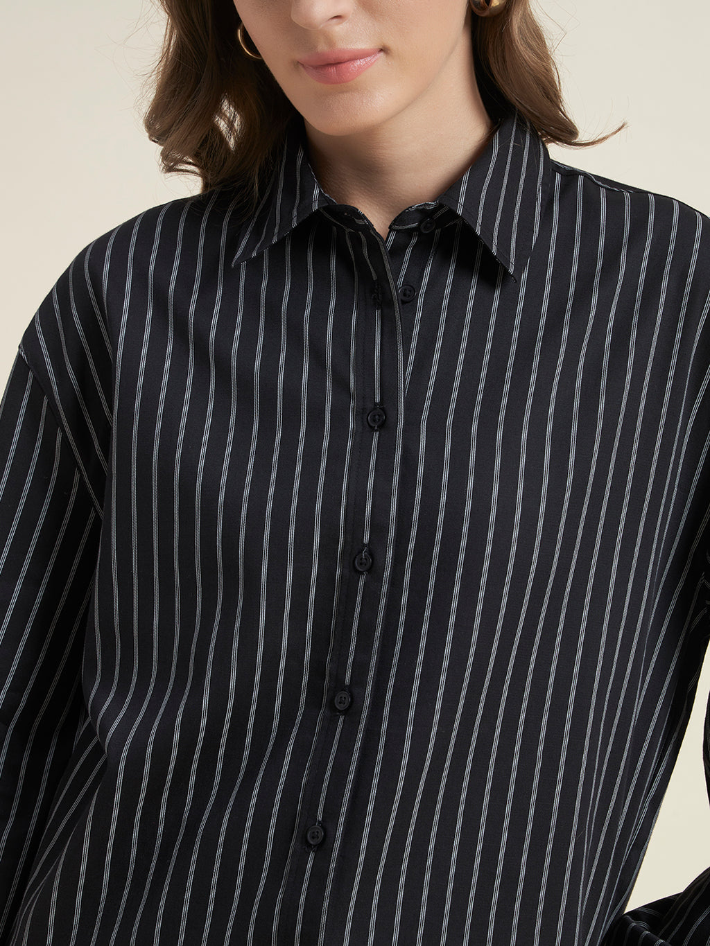 Beatnik Women Black Tencel Striped Full Sleeve Casual Straight Fit Western Shirt