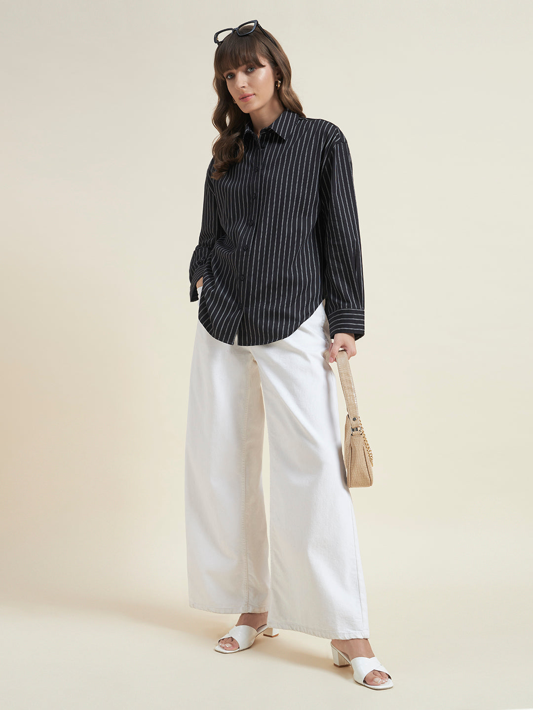 Beatnik Women Black Tencel Striped Full Sleeve Casual Straight Fit Western Shirt