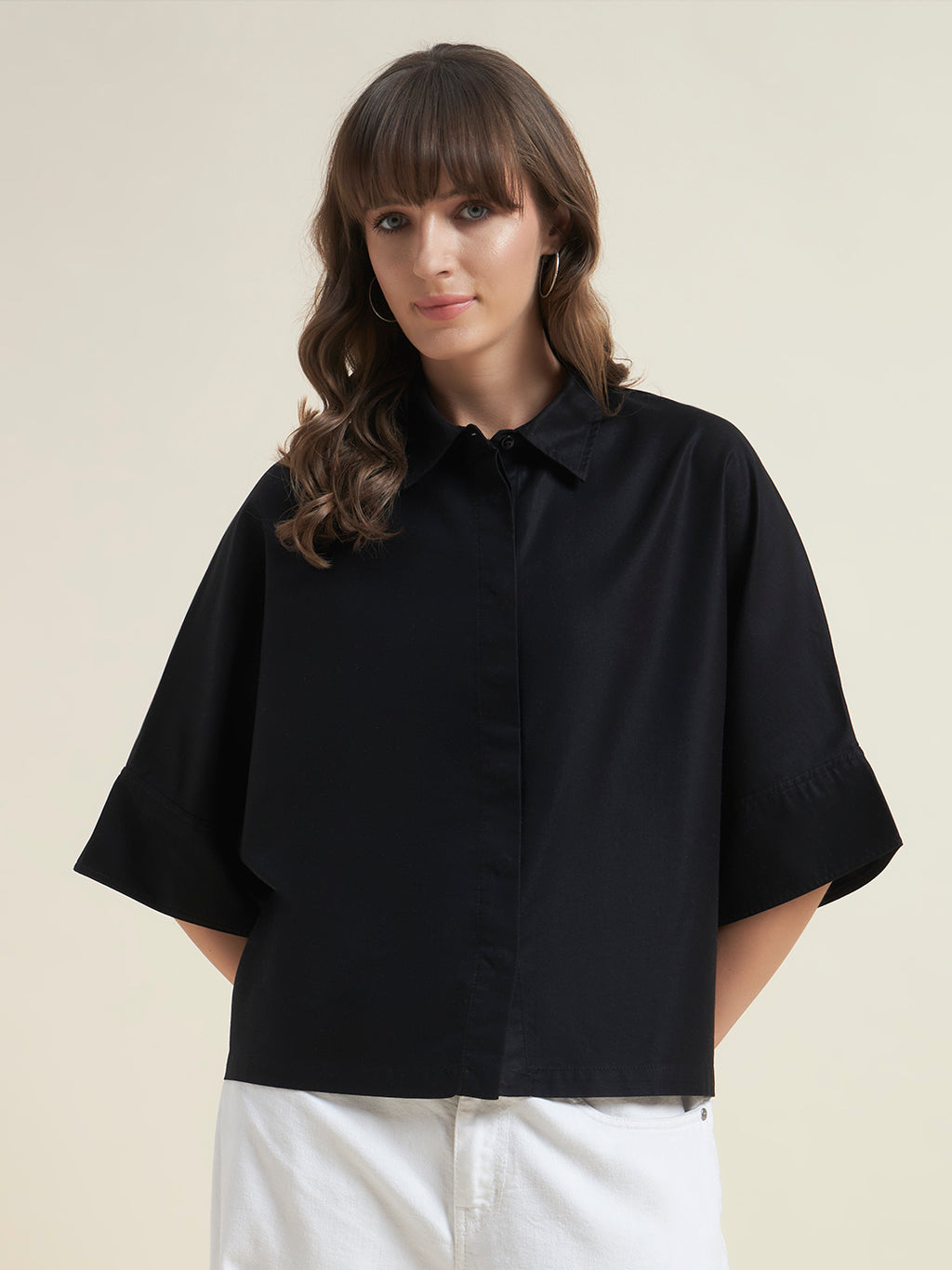 Beatnik Women Black Oversized Tencel 3/4 Flared Sleeve Casual Western Shirt