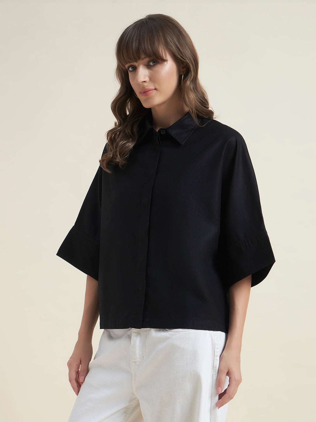 Beatnik Women Black Oversized Tencel 3/4 Flared Sleeve Casual Western Shirt