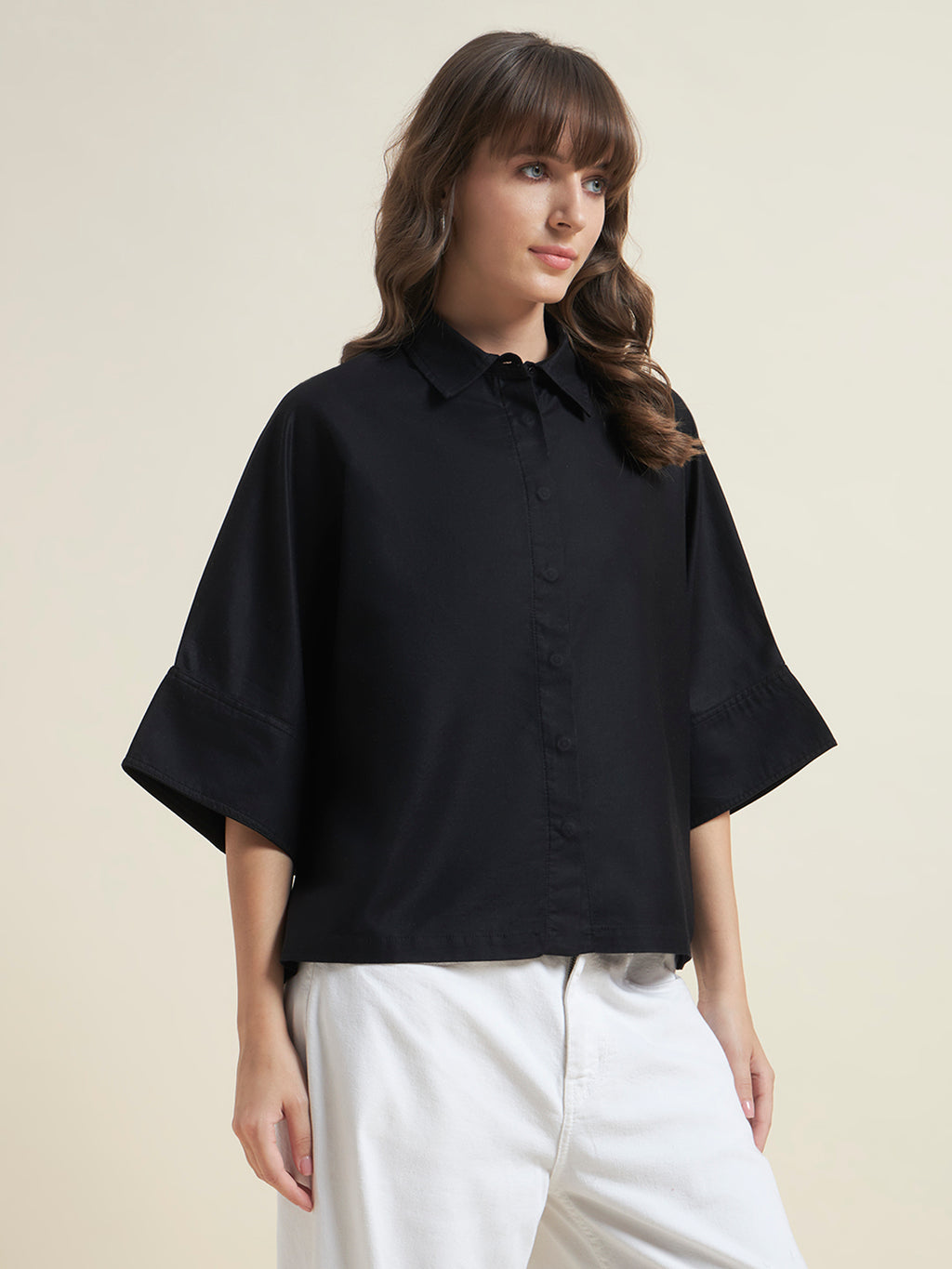 Beatnik Women Black Oversized Tencel 3/4 Flared Sleeve Casual Western Shirt