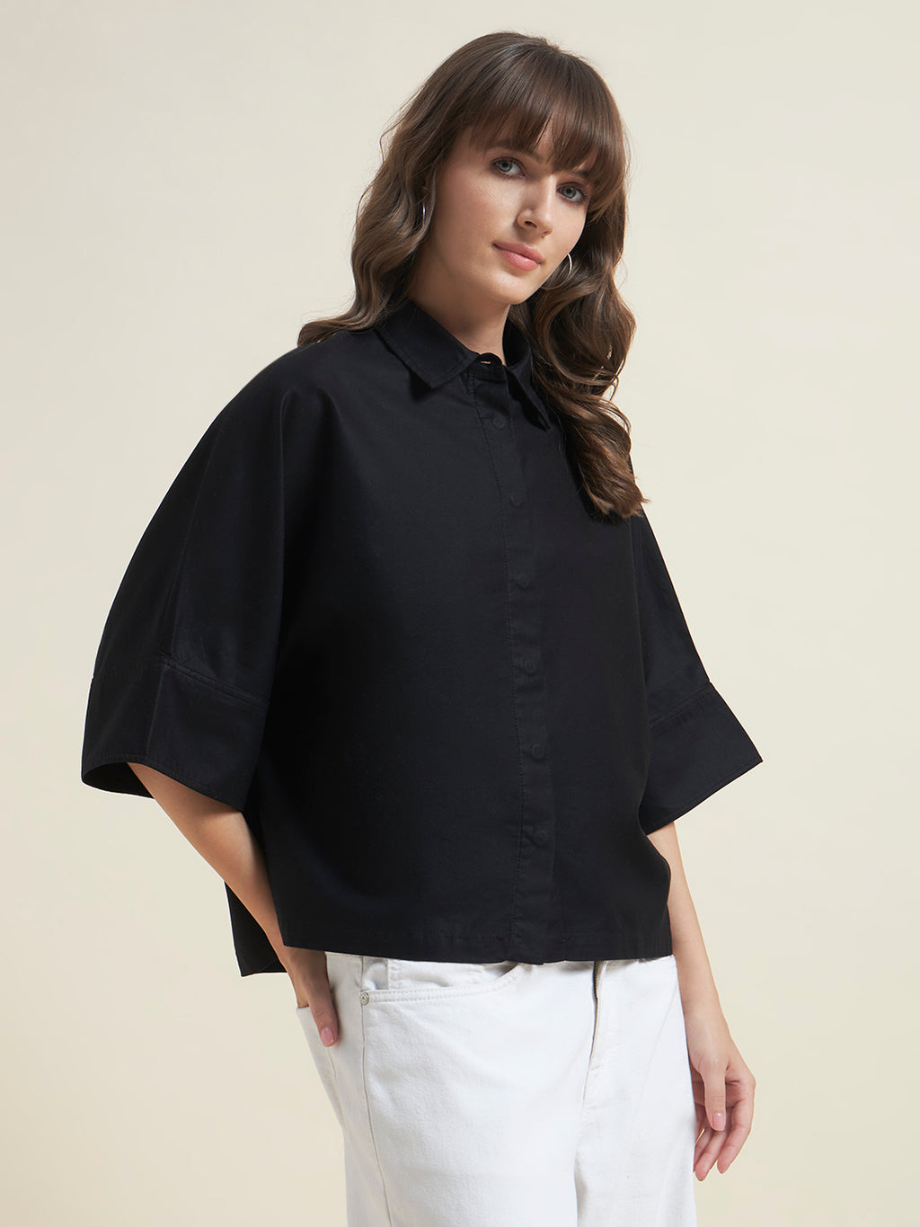 Beatnik Women Black Oversized Tencel 3/4 Flared Sleeve Casual Western Shirt