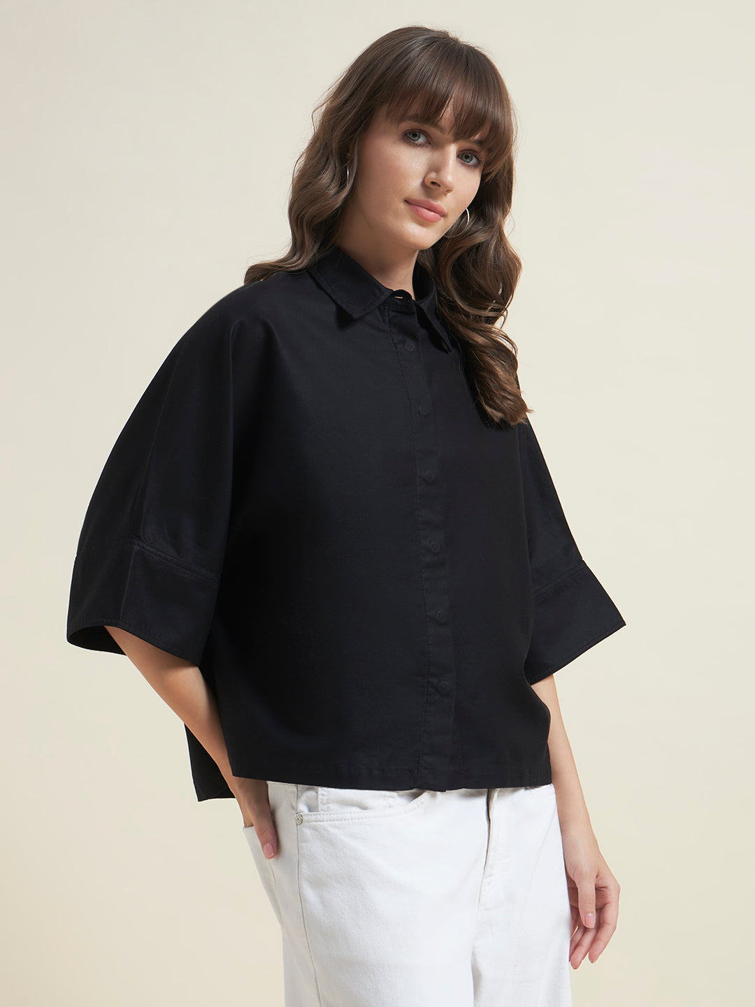 Beatnik Women Black Oversized Tencel 3/4 Flared Sleeve Casual Western Shirt