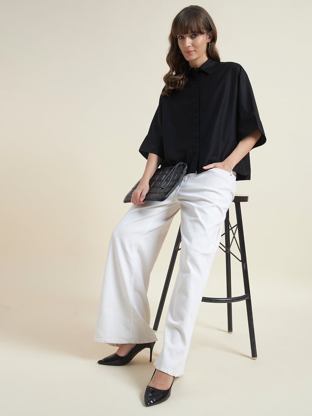 Beatnik Women Black Oversized Tencel 3/4 Flared Sleeve Casual Western Shirt