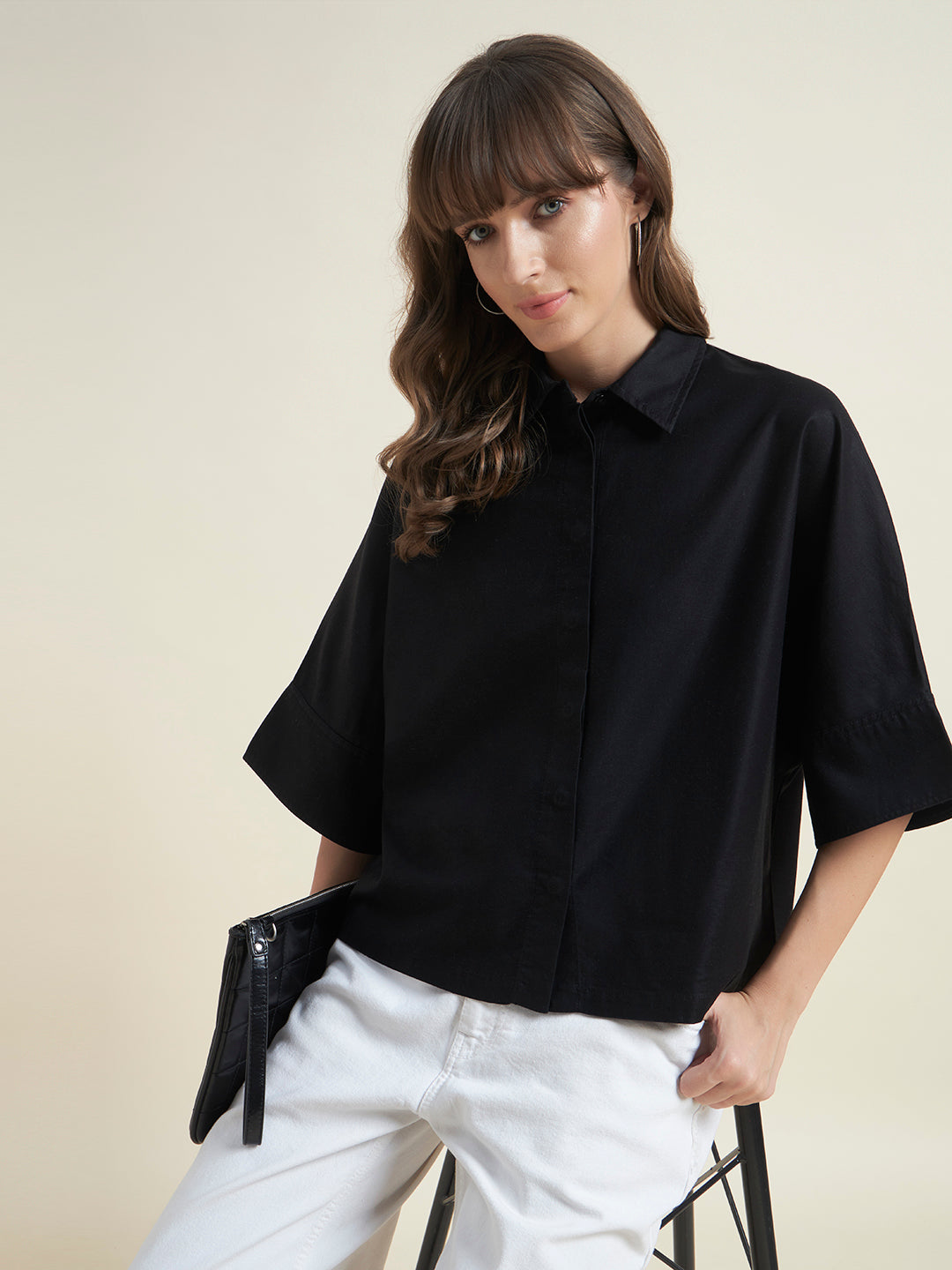 Beatnik Women Black Oversized Tencel 3/4 Flared Sleeve Casual Western Shirt