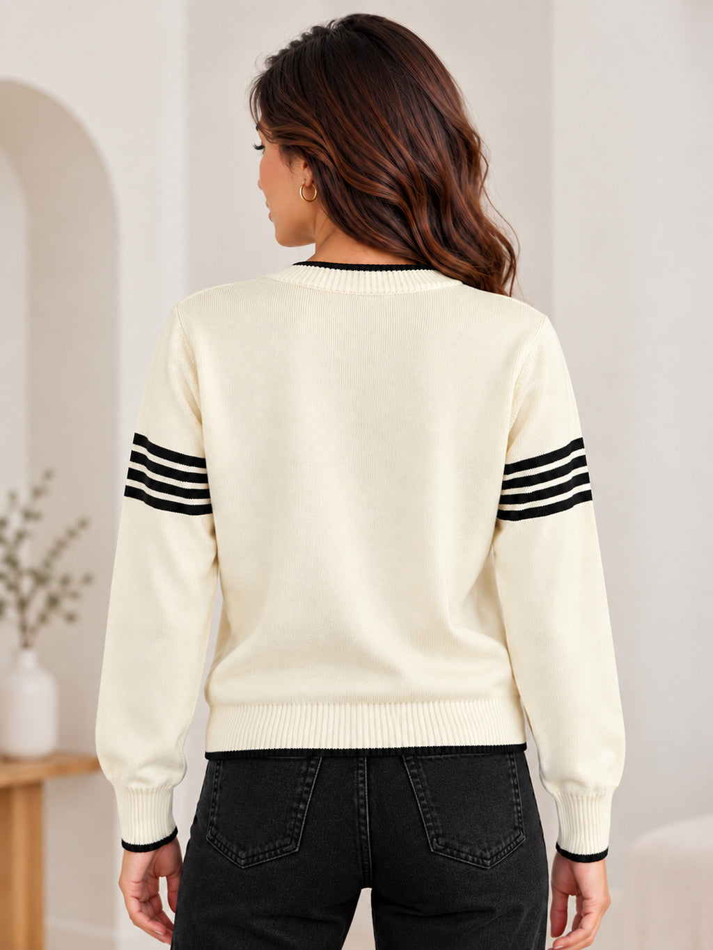 Women White Flat Knit Striped Full Sleeve Stretchable Sweater