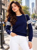 Women Navy Blue Flat Knit Striped Full Sleeve Stretchable Sweater